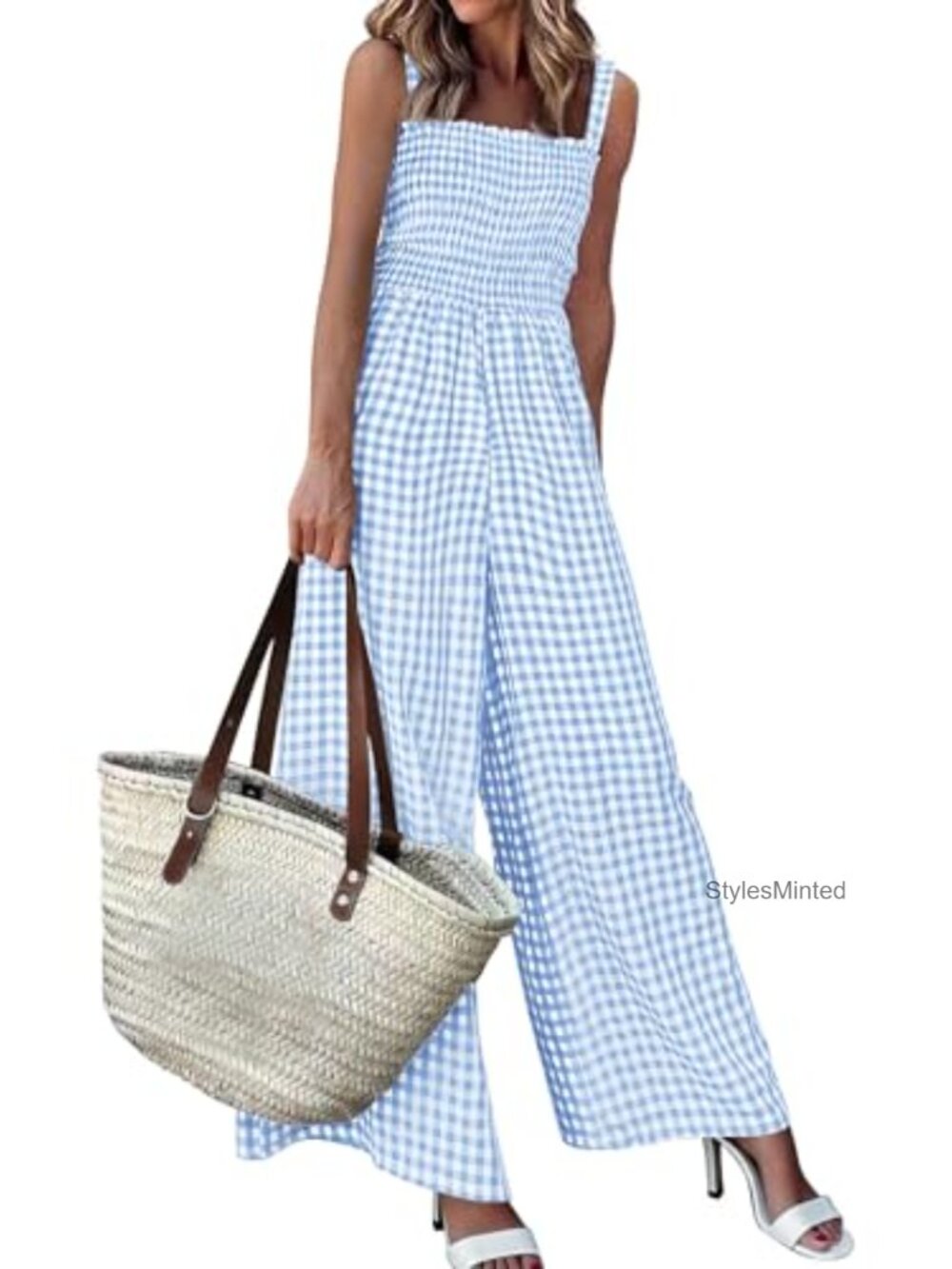 Womens Gingham Wide Leg Smocked Sleeveless Jumpsuit Romper Pockets